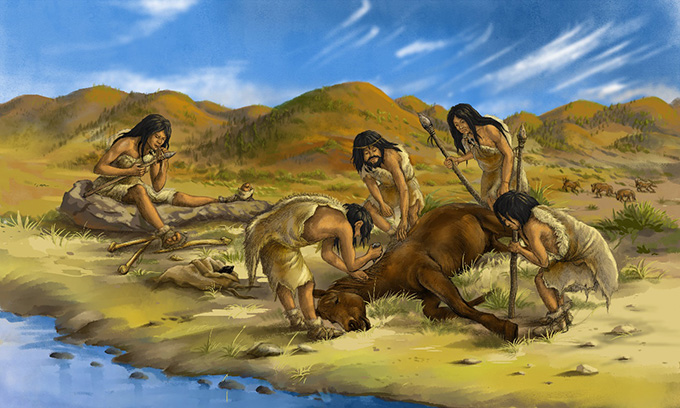This illustration shows five ancient hunters that have captured and killed a horse.